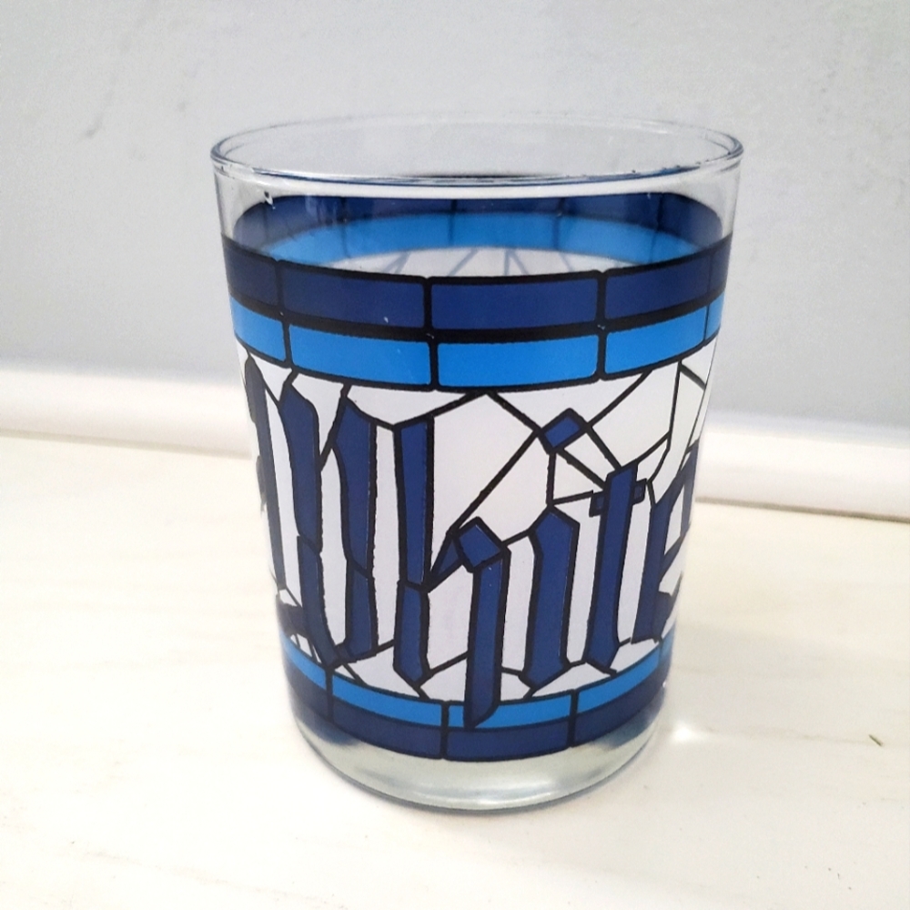 White Castle Restaurant Stained Glass Blue & White Tumbler Rocks Glass‎ Vintage